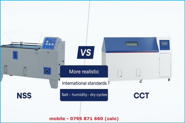 So sánh tủ phun muối NSS và tủ kiểm tra ăn mòn CCT: NSS phun muối liên tục, độ chính xác trung bình – CCT chu kỳ muối ẩm khô, sát thực tế, đạt tiêu chuẩn quốc tế