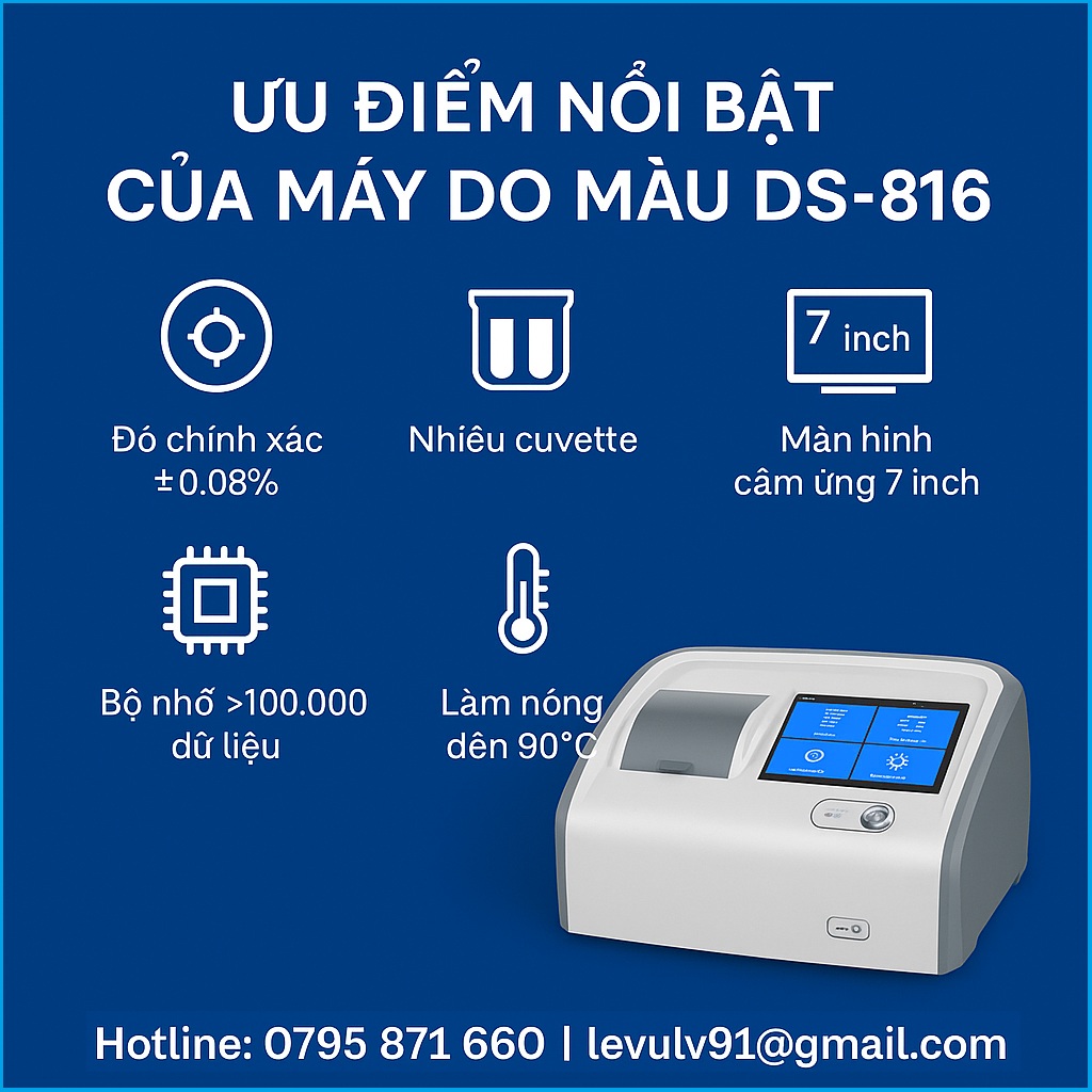 ưu điểm DS-816: ±0.08%, cuvette 10–100 mm, màn hình 7 inch, bộ nhớ lớn, làm nóng 90°C