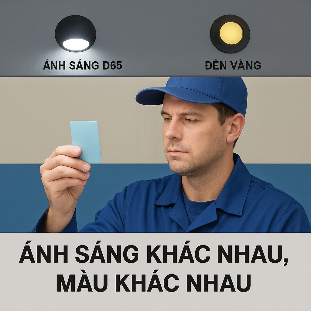 Kỹ thuật viên so màu dưới hai nguồn sáng khác nhau, ánh sáng D65 và đèn vàng, cho thấy cùng một mẫu có thể đổi màu theo ánh sáng