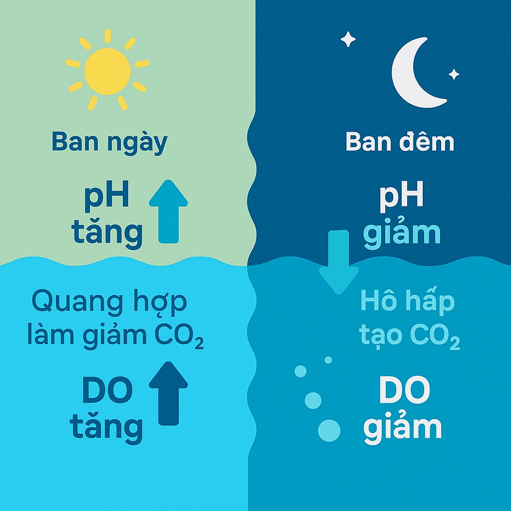 Biến thiên pH và DO giữa ban ngày và ban đêm; ban ngày pH↑ DO↑, ban đêm DO↓; minh họa bằng máy PD220
