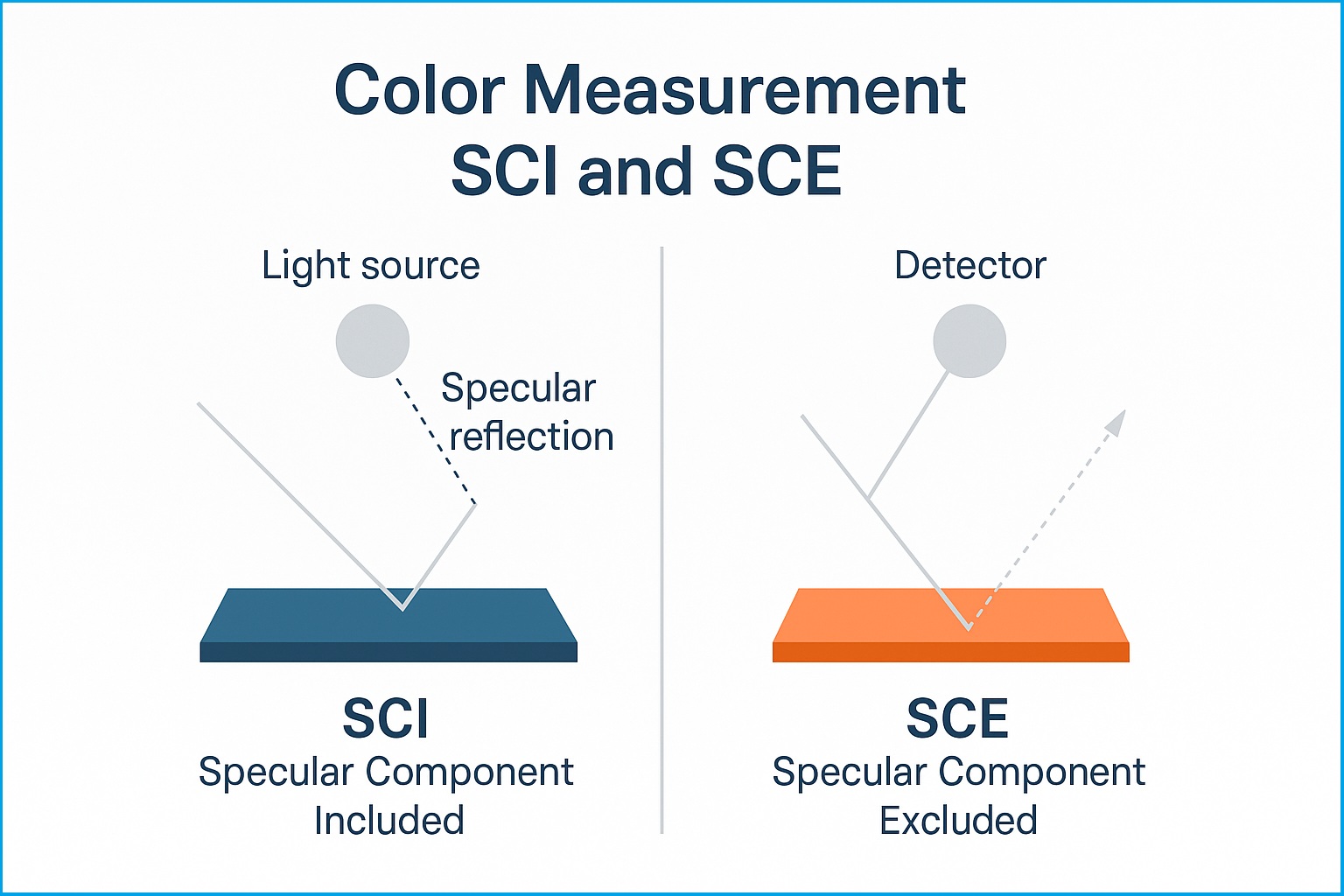 Sơ đồ kỹ thuật mô tả đường phản xạ ánh sáng trong hai chế độ SCI (giữ lại phản xạ) và SCE (loại bỏ phản xạ)