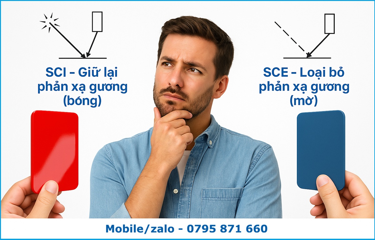 Ảnh người đàn ông mặc áo xanh cầm hai mẫu nhựa, minh họa SCI giữ lại phản xạ gương và SCE loại bỏ phản xạ.