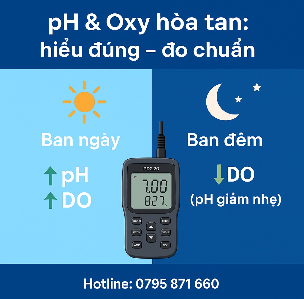 Theo dõi oxy hòa tan trong ao nuôi bằng PD220 vào sáng sớm và chiều; có guồng sục khí hoạt động