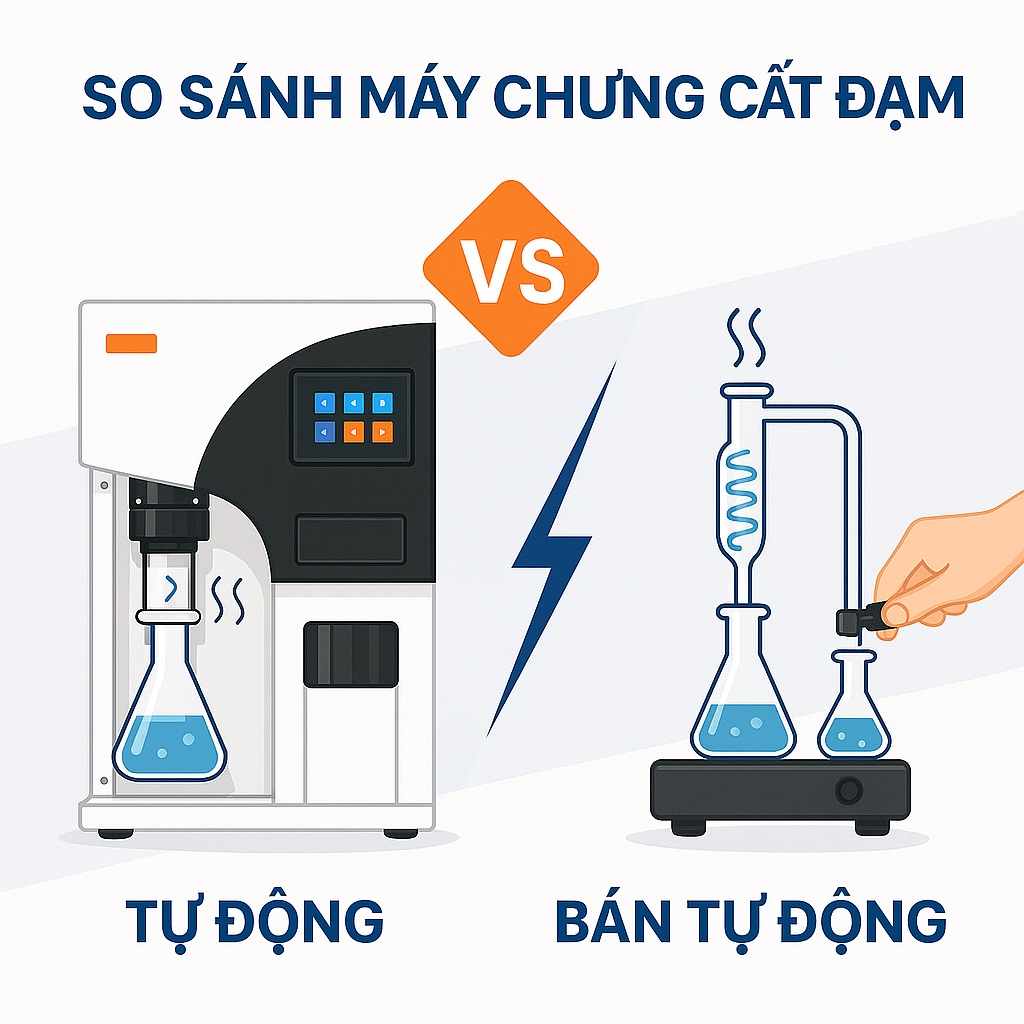 Hình minh họa máy chưng cất đạm tự động và bán tự động đặt cạnh nhau để so sánh