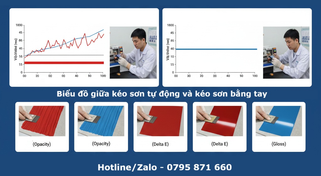 Biểu đồ sai số giữa kéo màng sơn thủ công và máy kéo màng tự động, kèm mẫu đo Opacity, Delta E và Gloss.
