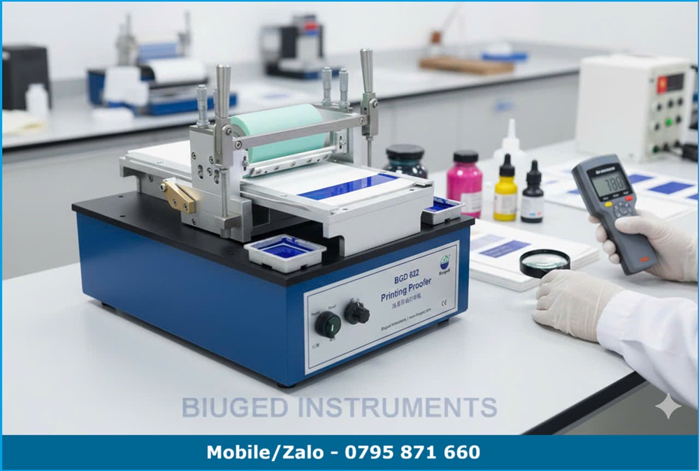 Hình ảnh máy kéo mực BGD 622 Biuged trong phòng lab với mẫu in và dụng cụ kiểm tra mực