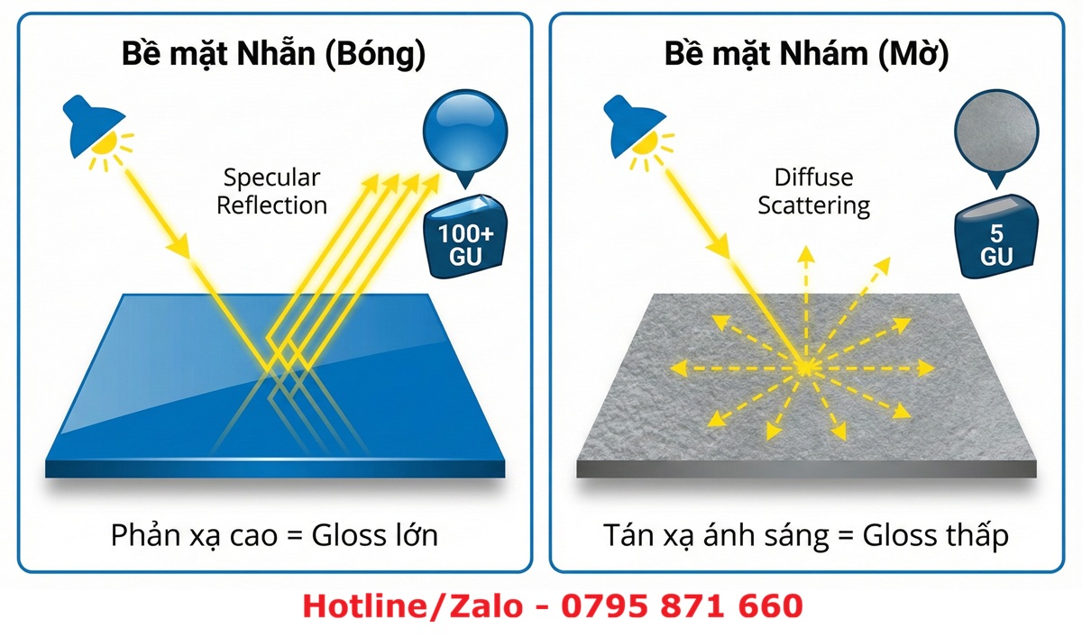 Minh họa sự khác nhau giữa bề mặt bóng phản xạ cao và bề mặt mờ tán xạ ánh sáng