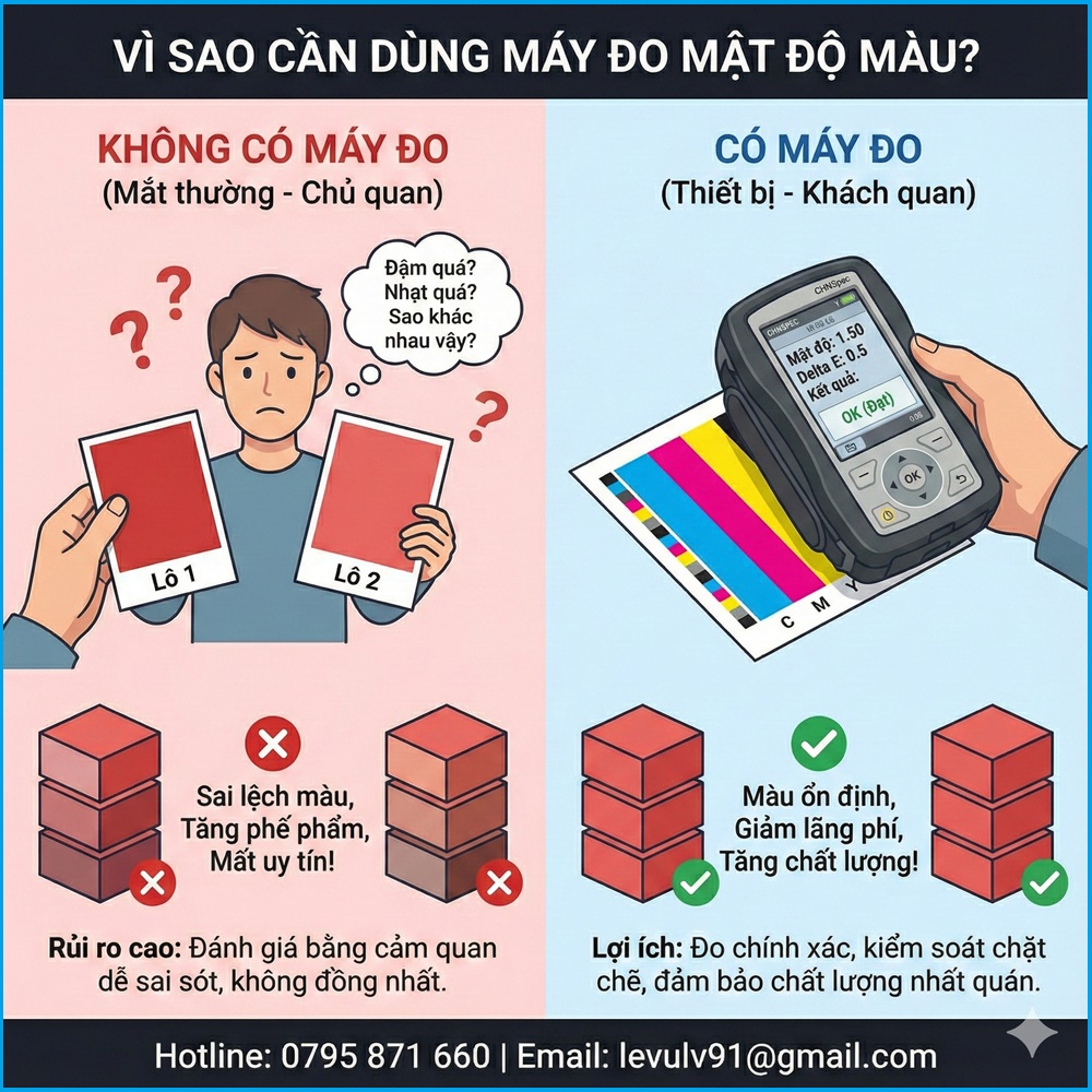 So sánh mật độ màu bằng mắt thường và bằng thiết bị đo trong in ấn