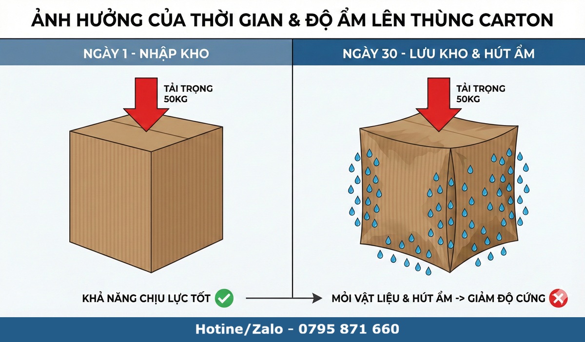 Infographic so sánh độ cứng thùng carton giảm đi do hiện tượng mỏi vật liệu và hút ẩm sau 30 ngày lưu kho.