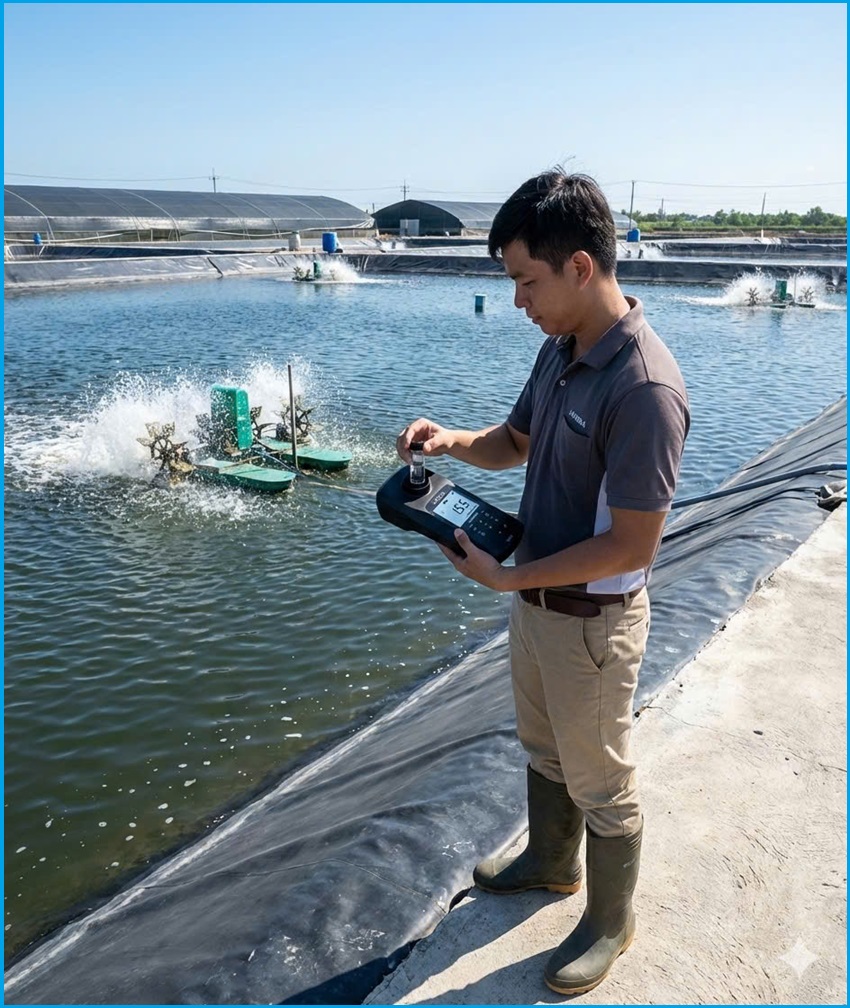 Kỹ thuật viên sử dụng máy đo độ đục cầm tay kiểm tra chất lượng nước tại ao nuôi tôm công nghệ cao.