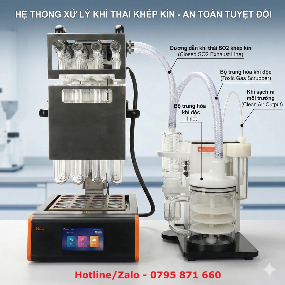 Hệ thống kết nối khép kín giữa máy phá mẫu Hanon SH520 và bộ trung hòa khí độc Scrubber giúp xử lý triệt để khí SO2 và hơi axit.