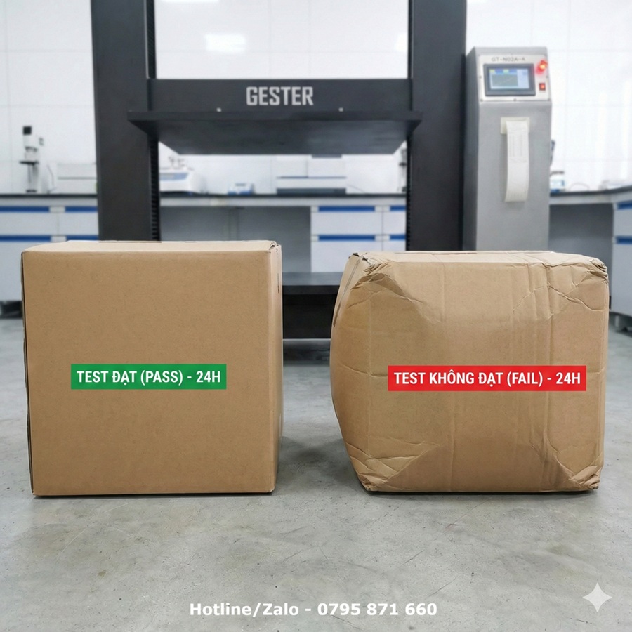 So sánh thực tế sau 24h test xếp chồng thùng carton: Thùng đạt chuẩn (Pass) giữ nguyên hình dạng và thùng không đạt (Fail) bị biến dạng phình to
