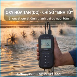 Người nuôi đang dùng máy đo oxy hòa tan DO Horiba kiểm tra ao tôm