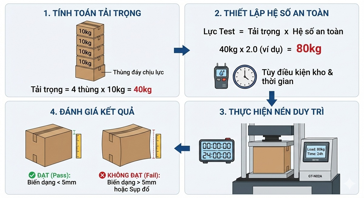Quy trình 4 bước test xếp chồng thùng carton chuẩn ISO: Tính tải trọng, thiết lập hệ số an toàn và nén duy trì.