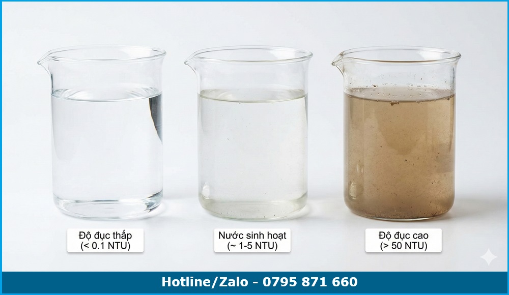 Hình ảnh so sánh 3 cốc nước với độ đục khác nhau từ trong suốt đến đục ngầu, minh họa chỉ số NTU