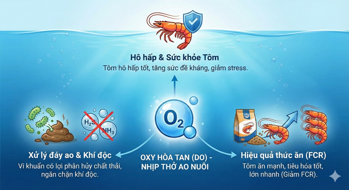 Sơ đồ minh họa vai trò của oxy đối với sức khỏe và tăng trưởng của tôm
