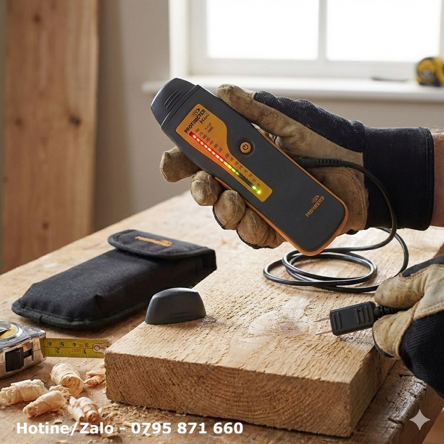 Thợ mộc sử dụng máy đo độ ẩm Protimeter Mini trên gỗ