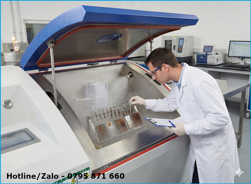 Nhân viên phòng Lab đang kiểm tra mẫu kim loại xi mạ bên trong buồng thử nghiệm phun sương muối (Salt spray test) chuyên dụng.