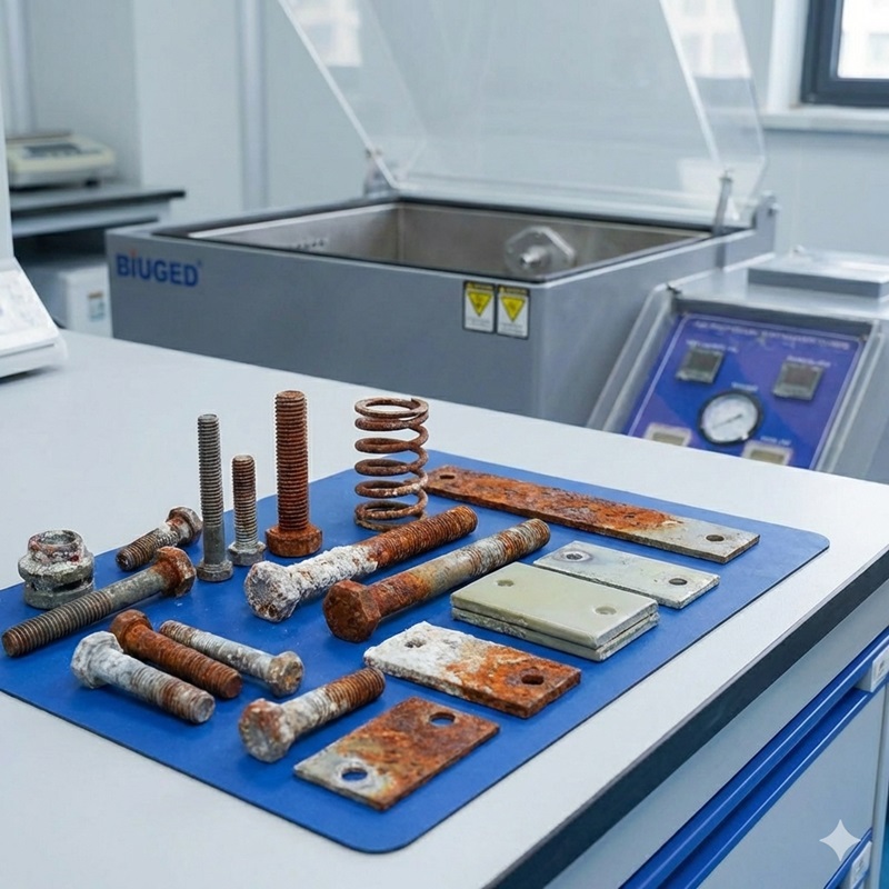 Các mẫu ốc vít, lò xo và tấm kim loại bị rỉ sét, ăn mòn nghiêm trọng sau khi trải qua quy trình test phun sương muối chuẩn ISO 9227 bằng tủ thử nghiệm Biuged