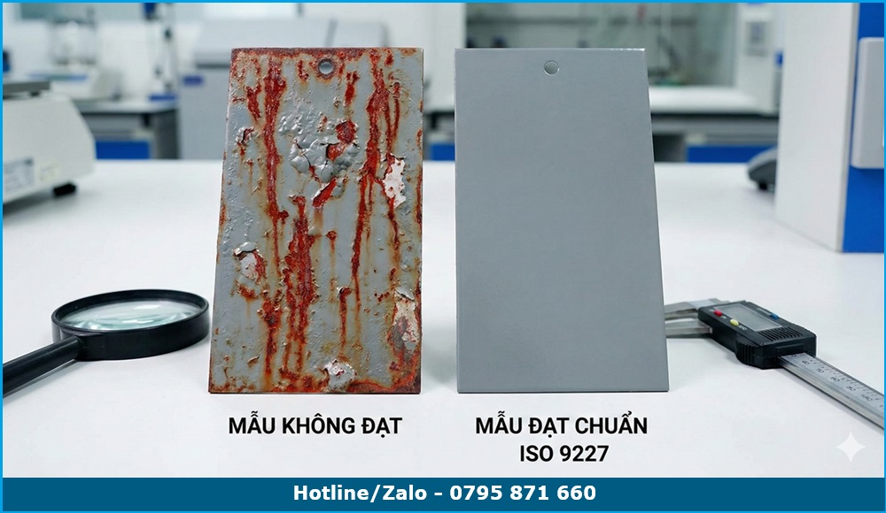 Mẫu kim loại gốc sáng bóng và mẫu bị rỉ sét ăn mòn nặng sau khi trải qua 500 giờ thử nghiệm trong buồng phun sương muối chuẩn ISO 9227.