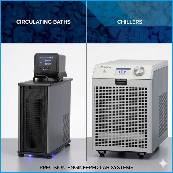 Hình ảnh so sánh Bể điều nhiệt tuần hoàn PolyScience (bên trái) và Chiller PolyScience (bên phải), giúp phân biệt các dòng thiết bị ổn nhiệt.