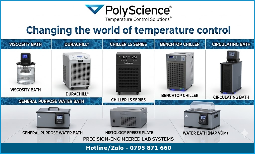 Bể điều nhiệt và Chiller PolyScience, hình ảnh giúp phân biệt hai dòng thiết bị kiểm soát nhiệt độ phòng thí nghiệm.