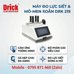 Hình ảnh máy đo lực siết và mô-men xoắn nắp chai kỹ thuật số Drick DRK 219. Thiết bị có màn hình cảm ứng thông minh, dải gá kẹp chai đa dạng từ 5 đến 170mm, độ phân giải cực cao 0.0001 Nm. Thích hợp đo lực siết đóng và mở nắp.