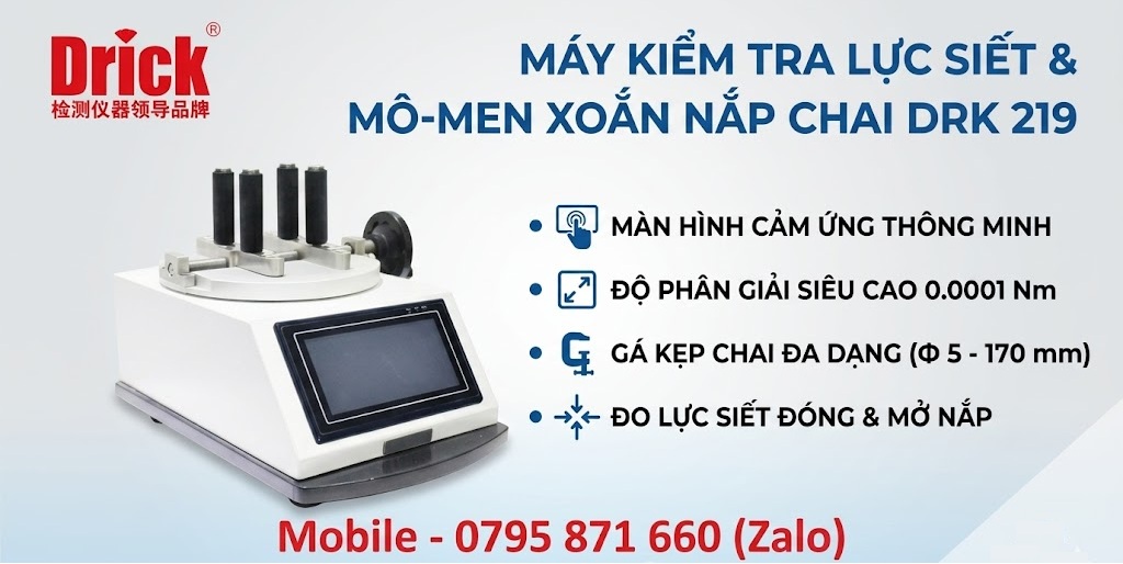Thiết bị đo lực siết và mô-men xoắn nắp chai Drick DRK 219. Máy tích hợp 4 ưu điểm nổi bật: màn hình cảm ứng thông minh, độ phân giải siêu cao, gá kẹp chai đa dạng và chức năng đo lực đóng mở nắp 2 chiều. Hotline hỗ trợ dự án: 0795 871 660.